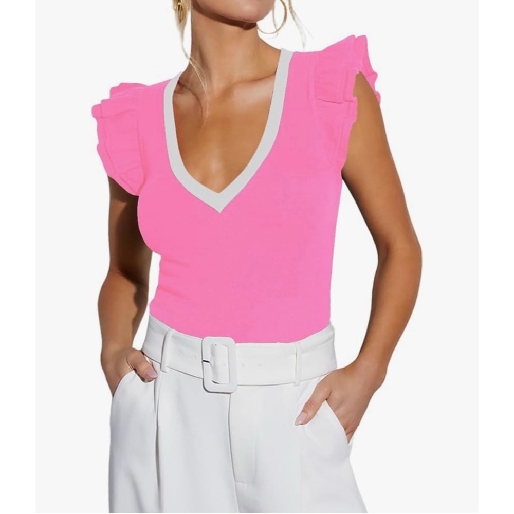 NEW Pink Ruffle Sleeve V-Neck Knit Top Size M